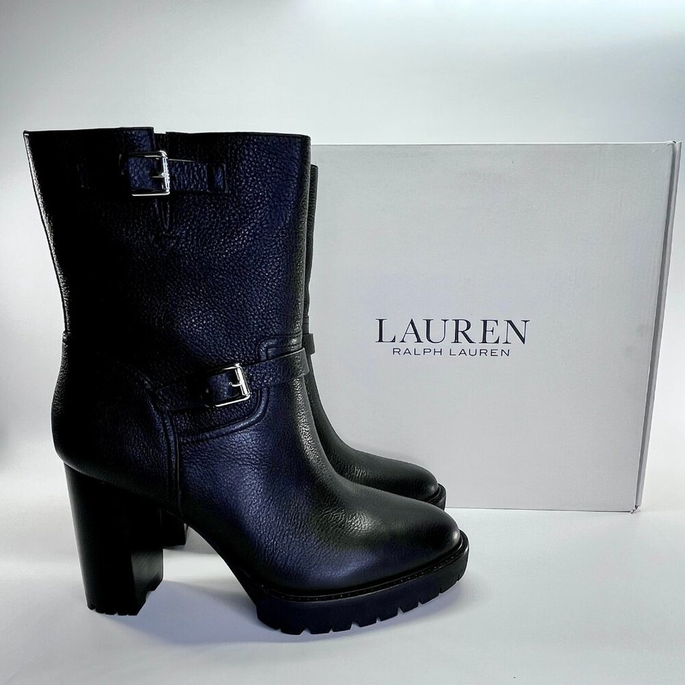 Ralph Lauren Lyvia Leather Boot Size 11B Black Tumbled Mid Calf Block Heel